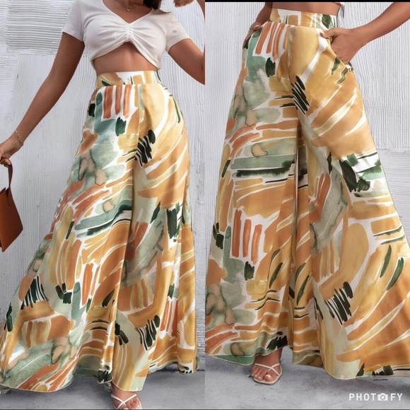 Pants - Boho High Waist Rise Water Color Wide Leg Palazzo Pants